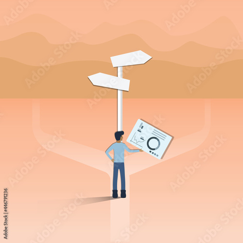 Flat of business success,Young man with graph in his hand decide the way for go,cartoon concept - Vector
