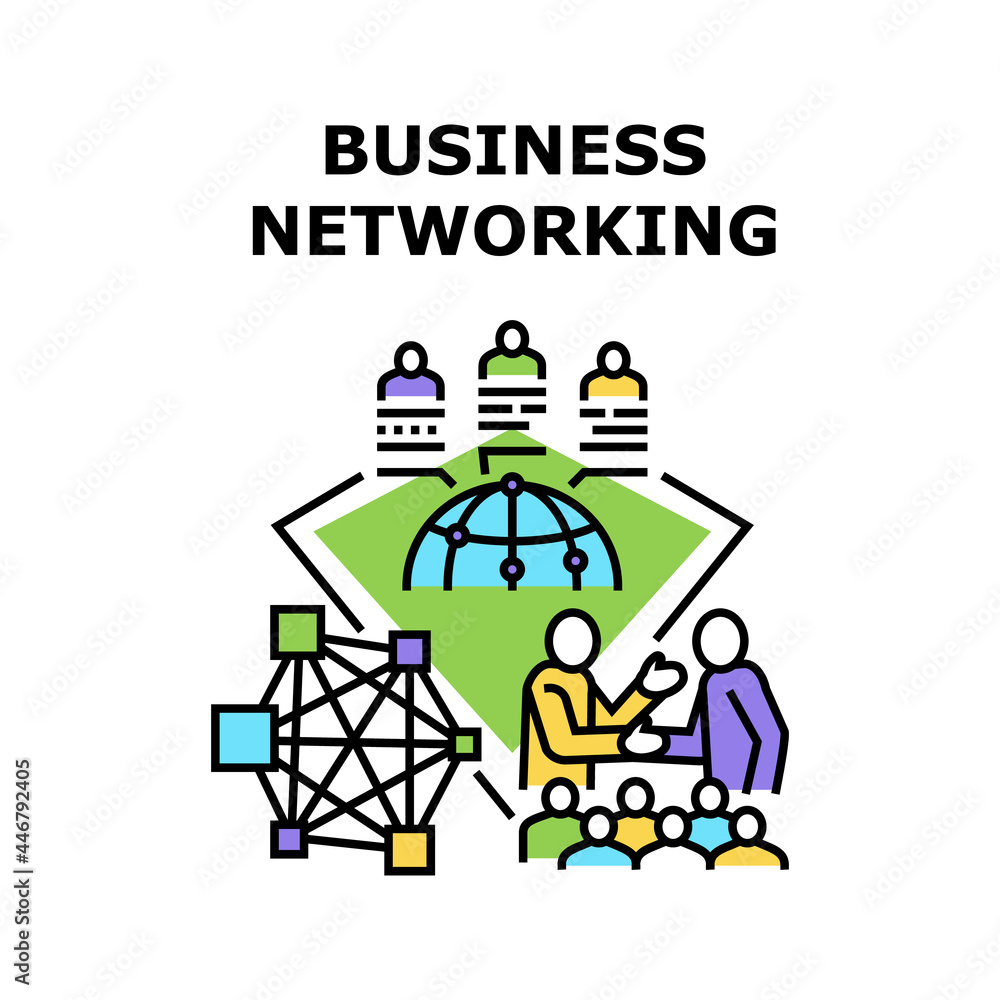 Business Networking Outsource Vector Icon Concept. Business Networking Outsource, Colleagues Working From Different Places Of World And Communicate With Partner Or Employee Color Illustration