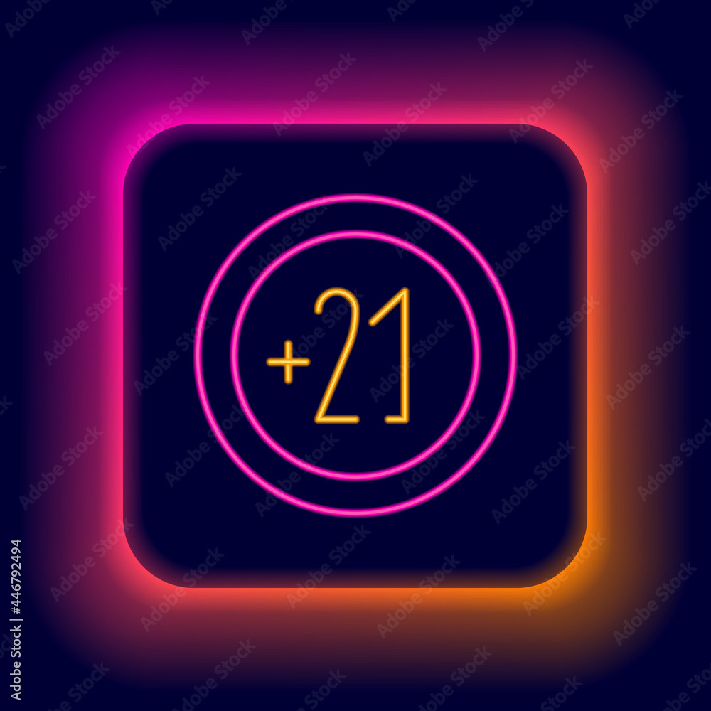 Glowing neon line Alcohol 21 plus icon isolated on black background. Prohibiting alcohol beverages. Colorful outline concept. Vector Glowing neon line Alcohol 21 plus icon isolated on black background. Prohibiting alcohol beverages. Colorful outline concept. Vector