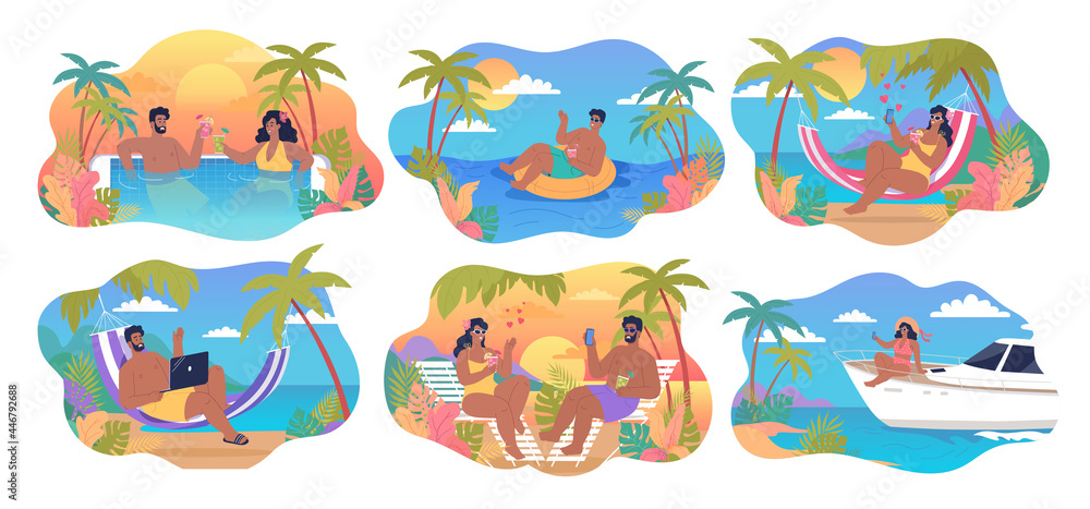 Summer vacation on the tropical island illustration set