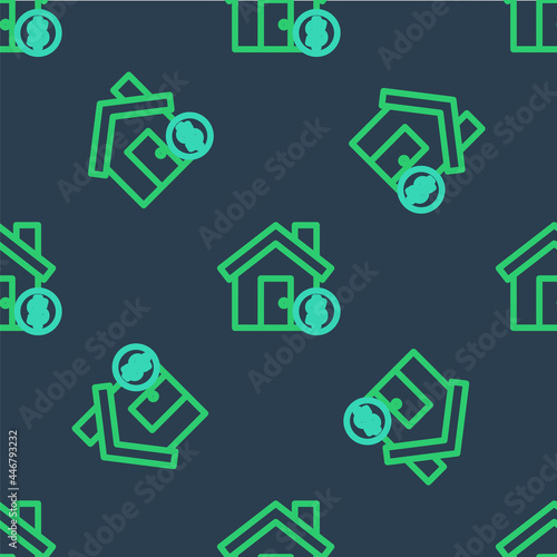 Line House with dollar symbol icon isolated seamless pattern on blue background. Home and money. Real estate concept. Vector