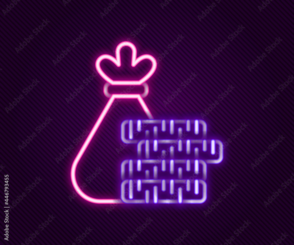 Glowing neon line Money bag and coin icon isolated on black background. Dollar or USD symbol. Cash Banking currency sign. Colorful outline concept. Vector Glowing neon line Money bag and coin icon isolated on black background. Dollar or USD symbol. Cash Banking currency sign. Colorful outline concept. Vector
