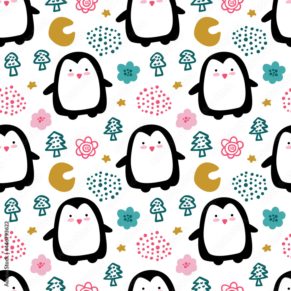 Obraz premium seamless repeating pattern with penguins, trees, flowers, moons and stars