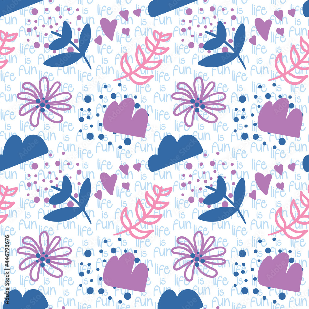 seamless repeating pattern with clouds, colorful plants and flowers seamless repeating pattern with clouds, colorful plants and flowers