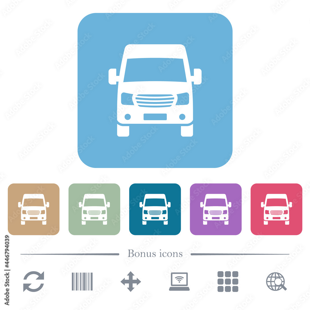 Van front view flat icons on color rounded square backgrounds Van front view flat icons on color rounded square backgrounds