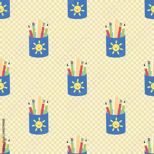 Back to school pencil caddy vector seamless pattern background. Fun pencils in sun decorated caddies on yellow gingham textured backdrop. Writing supplies, education, kindergarten repeat for children.