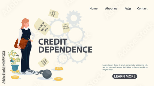 A girl with a briefcase in shackles stands in front of the inscription the concept of credit dependence in the world an illustration in a flat style for design
