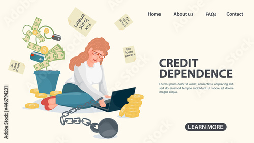 A girl with shackles on her arm is sitting with a laptop among bills and money the concept of credit dependence in the world is an illustration in a flat style for design