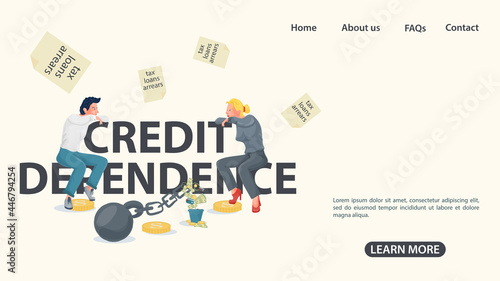 A guy and a girl sit on an inscription with shackles the concept of credit dependence in the world an illustration in a flat style for design