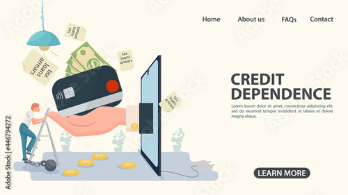 A guy in shackles goes up the stairs for a credit card the concept of credit addiction in the world a flat style illustration for the design