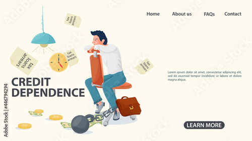 A guy in shackles is sitting in a chair opposite the inscription the concept of credit dependence in the world an illustration in a flat style for design