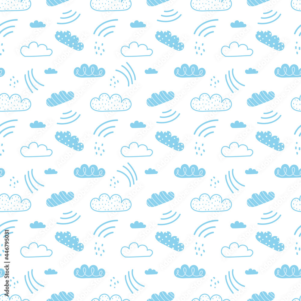 Obraz premium Seamless pattern. Clouds. White cloud pattern, blue background. Vector graphic, flat graphics