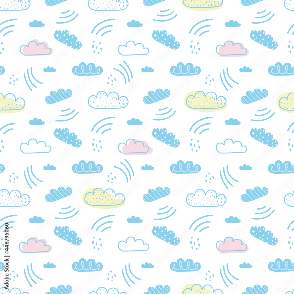 Seamless pattern. Clouds. White cloud pattern, blue background. Vector graphic, flat graphics