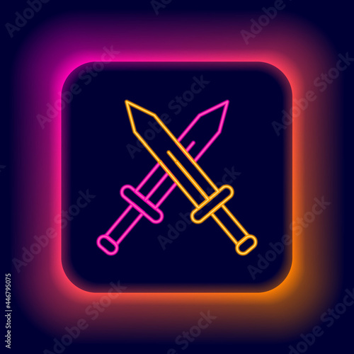 Glowing neon line Crossed medieval sword icon isolated on black background. Medieval weapon. Colorful outline concept. Vector