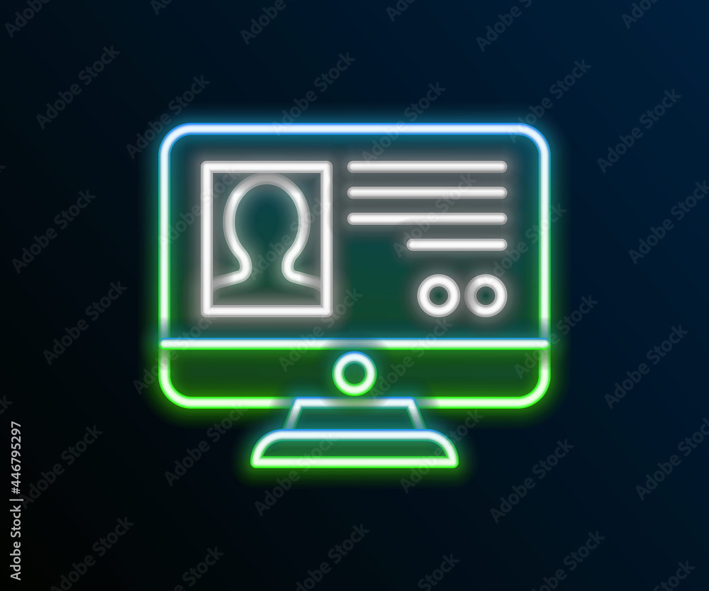 Glowing neon line Create account screen icon isolated on black background. Colorful outline concept. Vector Glowing neon line Create account screen icon isolated on black background. Colorful outline concept. Vector