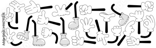Cartoon legs and hands. Legs in boots, hands in gloves, With various gestures and body postures. Running, Walking, Handshaking, High Five, Set of vector isolated illustrations