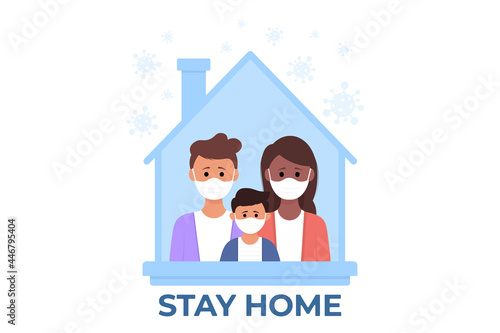 Young parents and children stay at home to prevent from corona virus. Vector illustration in a flat style