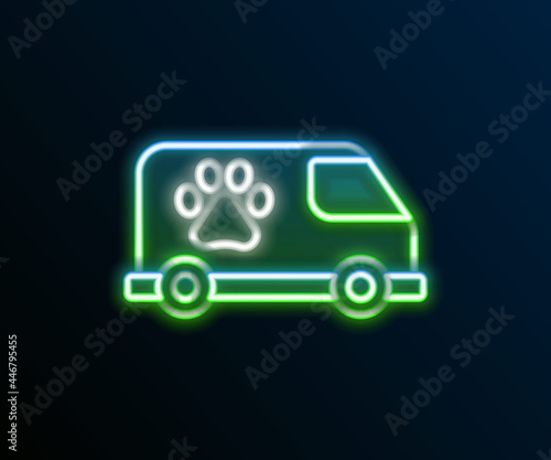 Glowing neon line Veterinary ambulance icon isolated on black background. Veterinary clinic symbol. Colorful outline concept. Vector