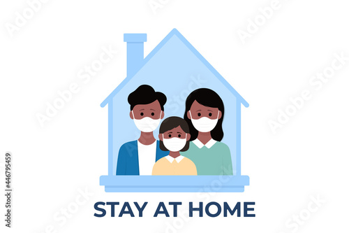 Young parents and children stay at home to prevent from corona virus. Vector illustration in a flat style