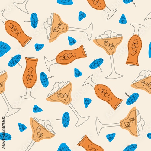 Hand drawn summer time organic fruits seamless pattern with cocktail in a glass