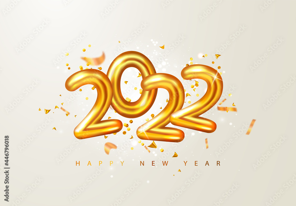 Obraz premium 2022 Happy New Year. 3d render gold metallic sign and and flying serpentine. Festive New Year greeting card 2022. Christmas Poster, banner, cover card, brochure, flyer, layout design.