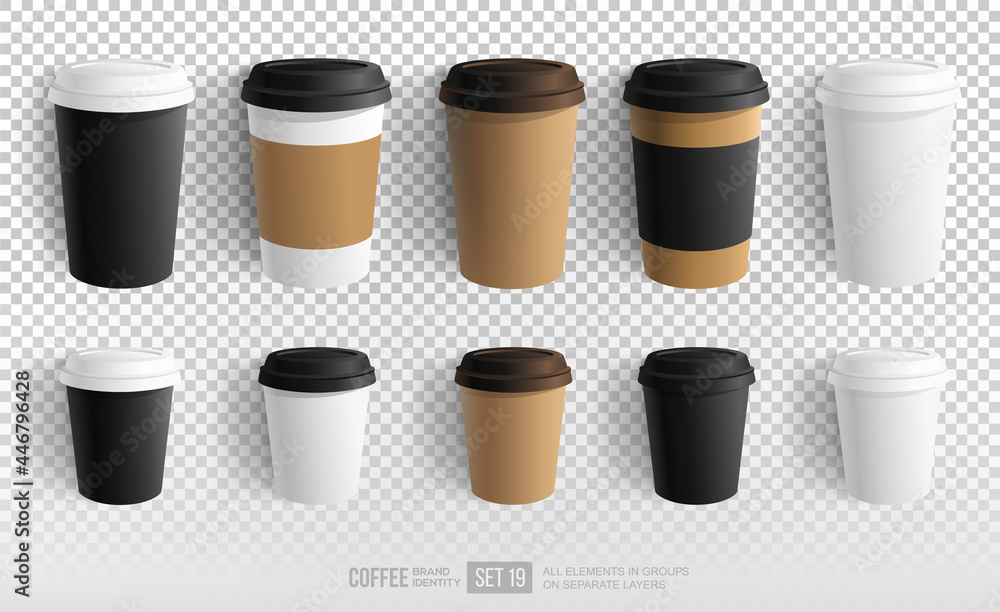 Realistic Paper Coffee Cup set of vector blank mockup for brand identity design and logo presentation. Black, White, Brown paper Empty Coffee Cup Mockup on transparent background Realistic Paper Coffee Cup set of vector blank mockup for brand identity design and logo presentation. Black, White, Brown paper Empty Coffee Cup Mockup on transparent background