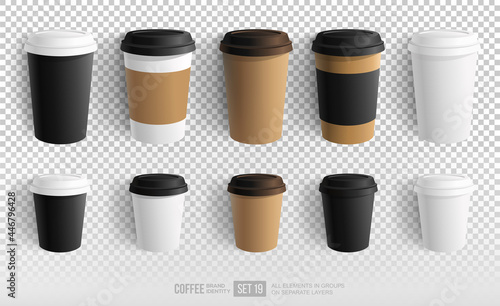 Realistic Paper Coffee Cup set of vector blank mockup for brand identity design and logo presentation. Black, White, Brown paper Empty Coffee Cup Mockup on transparent background