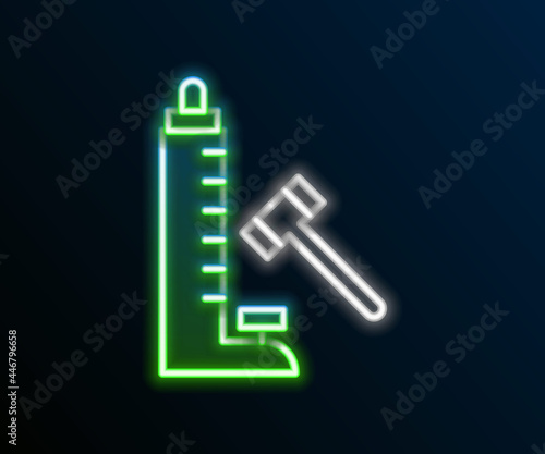 Glowing neon line High striker attraction with big hammer icon isolated on black background. Attraction for measuring strength. Amusement park. Colorful outline concept. Vector