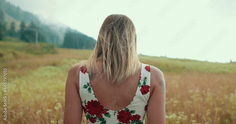 Girl in the white dress with red flowers, filmed from the back walking trough the field, touching ears of grass moving in the wind. Shallow depth of field, 4K Girl in the white dress with red flowers, filmed from the back walking trough the field, touching ears of grass moving in the wind. Shallow depth of field, 4K