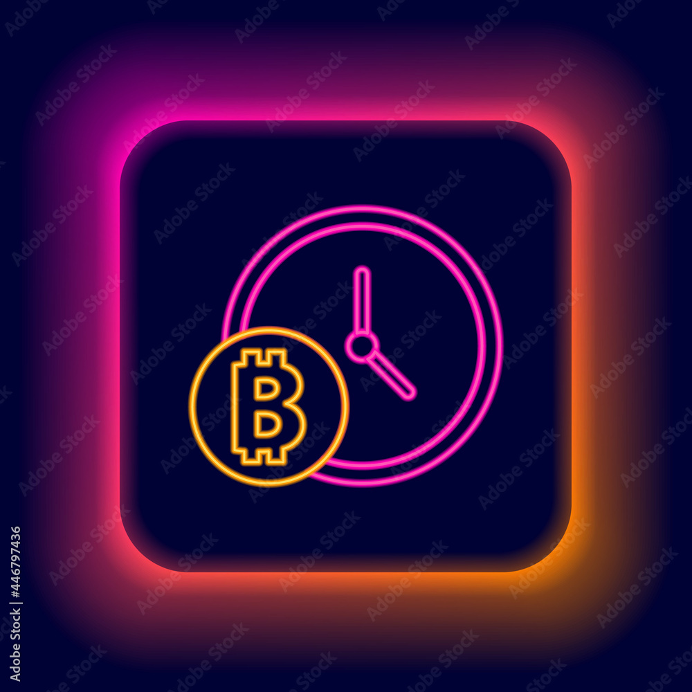 Glowing neon line Cryptocurrency coin Bitcoin with clock icon isolated on black background. Physical bit coin. Blockchain based secure crypto currency. Colorful outline concept. Vector Glowing neon line Cryptocurrency coin Bitcoin with clock icon isolated on black background. Physical bit coin. Blockchain based secure crypto currency. Colorful outline concept. Vector