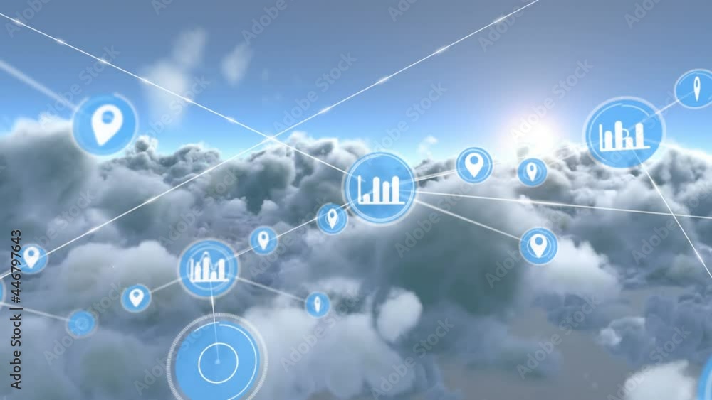 Animation of networks of connections with icons over clouds and sky Animation of networks of connections with icons over clouds and sky