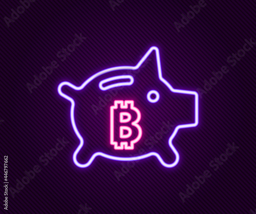 Glowing neon line Piggy bank bitcoin icon isolated on black background. Icon saving or accumulation of money, investment. Colorful outline concept. Vector