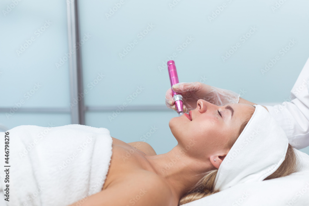 Woman having facial treatment in beauty salon, closeup. Oxy derma therapy