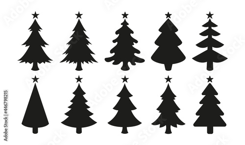 Christmas tree icons isolated on white background. Black vector silhouettes of christmas trees with a stars at the top.