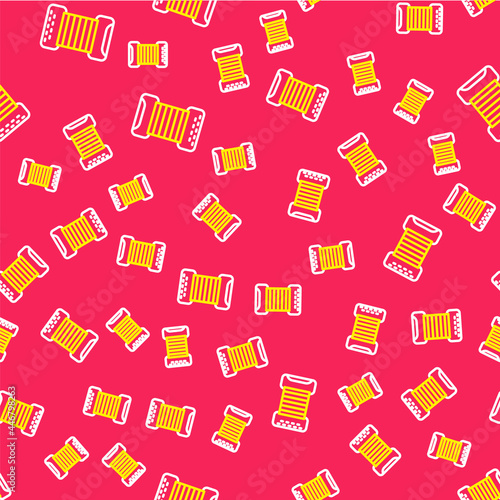 Line Musical instrument accordion icon isolated seamless pattern on red background. Classical bayan, harmonic. Vector