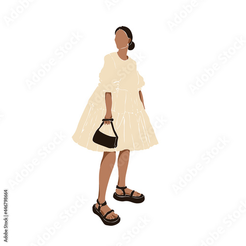 Fashionable young woman. Girl wearing a dress, sandals and handbag. Instagram model. Abstract feminine vector illustrations. Summer trendy simple icons. Instagram post, business advertisement, design.