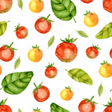 Tomato and basil watercolor seamless pattern