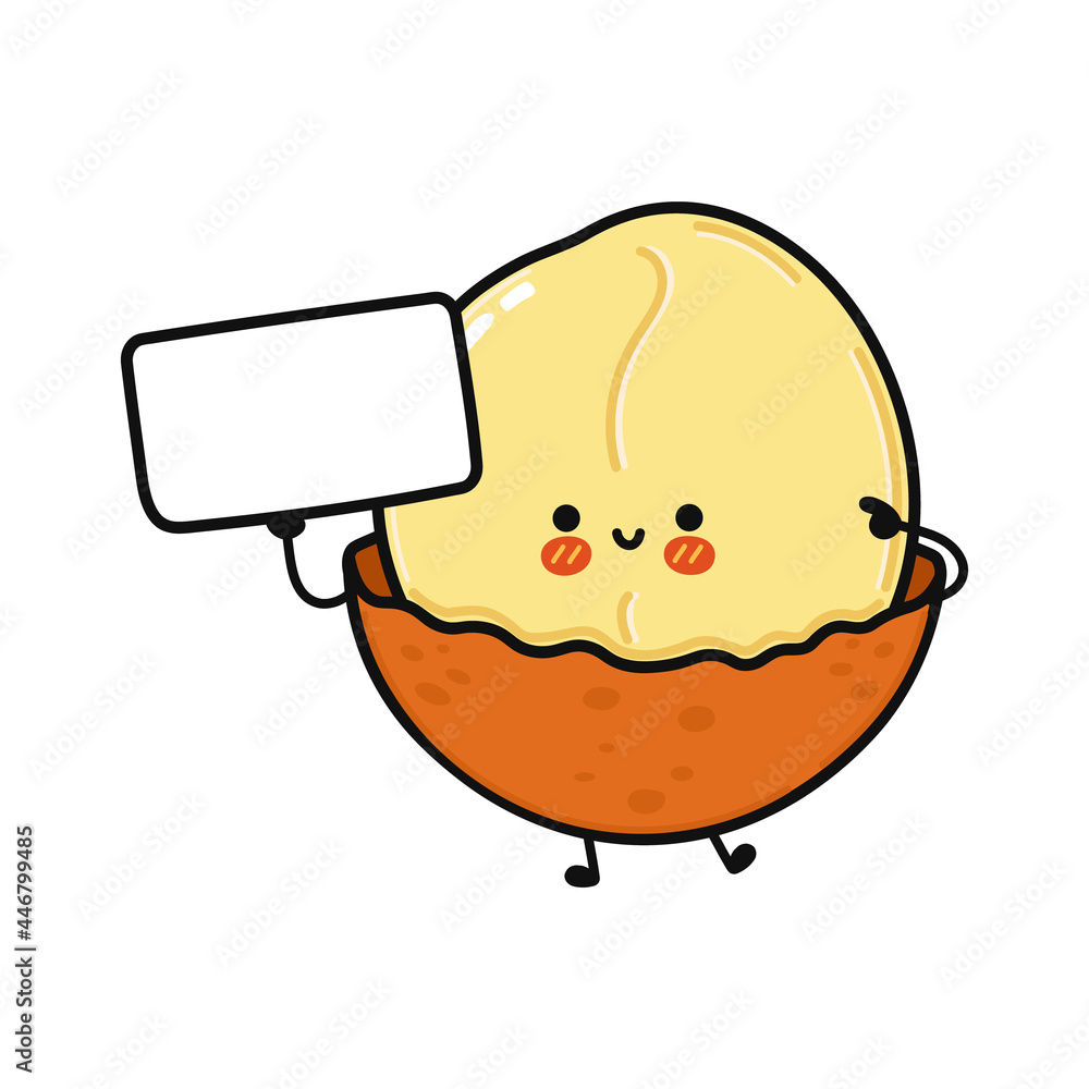Cute funny macadamia with poster. Vector hand drawn cartoon kawaii character illustration icon. Isolated on white background. Macadamia think concept Cute funny macadamia with poster. Vector hand drawn cartoon kawaii character illustration icon. Isolated on white background. Macadamia think concept