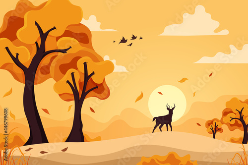 Autumn forest landscape background  with deer silhouette