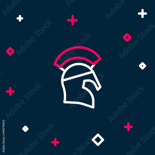 Line Greek helmet icon isolated on blue background. Antiques helmet for head protection soldiers with a crest of feathers or horsehair. Colorful outline concept. Vector