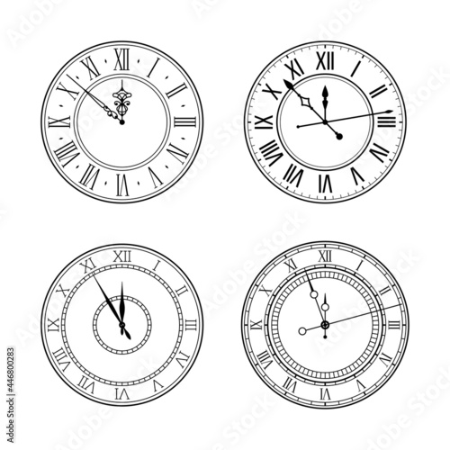 Old elegant black and white retro clock face set with roman numerals and ornate vintage hands. Vector illustration.