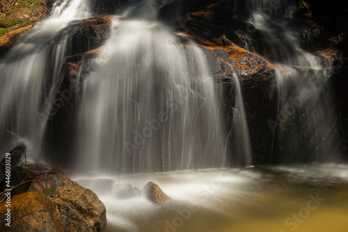 Pequena cachoeira de   guas l  mpidas e puras no meio da floresta preservada na Serra do Mar no Paran    Brasil