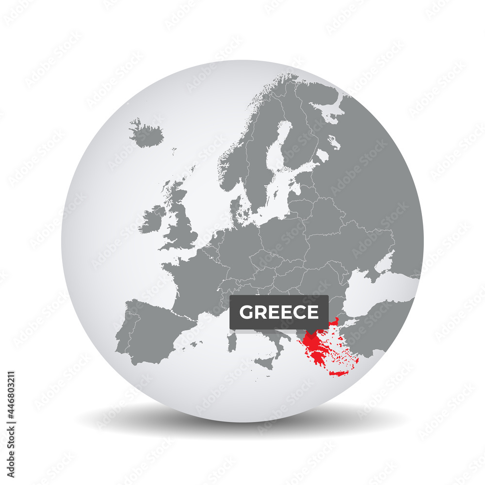 Vecteur Stock World globe map with the identication of Greece. Map of  Greece. Greece on grey political 3D globe. Europe countries. Vector stock.  | Adobe Stock