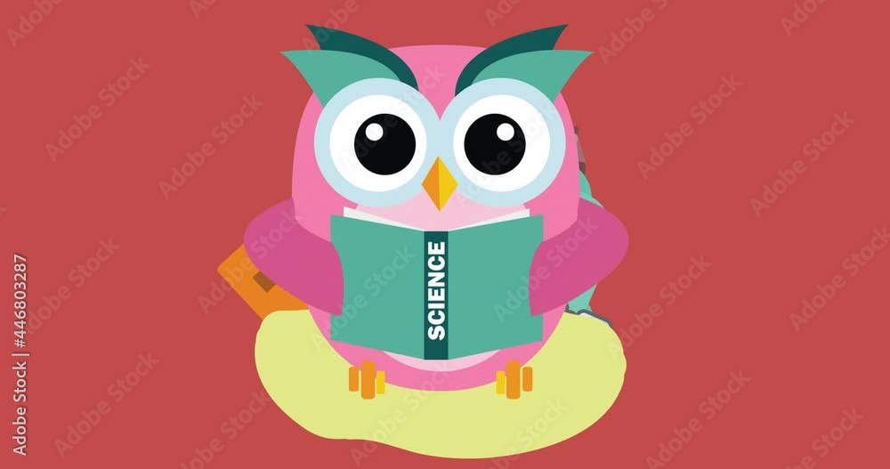 Animation of digital owl holding book and school items icons on red background Animation of digital owl holding book and school items icons on red background