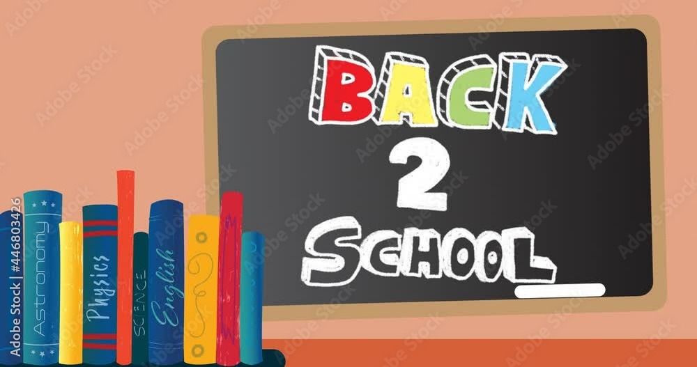 Animation of back to school text on blackboard and school items icons on orange background Animation of back to school text on blackboard and school items icons on orange background