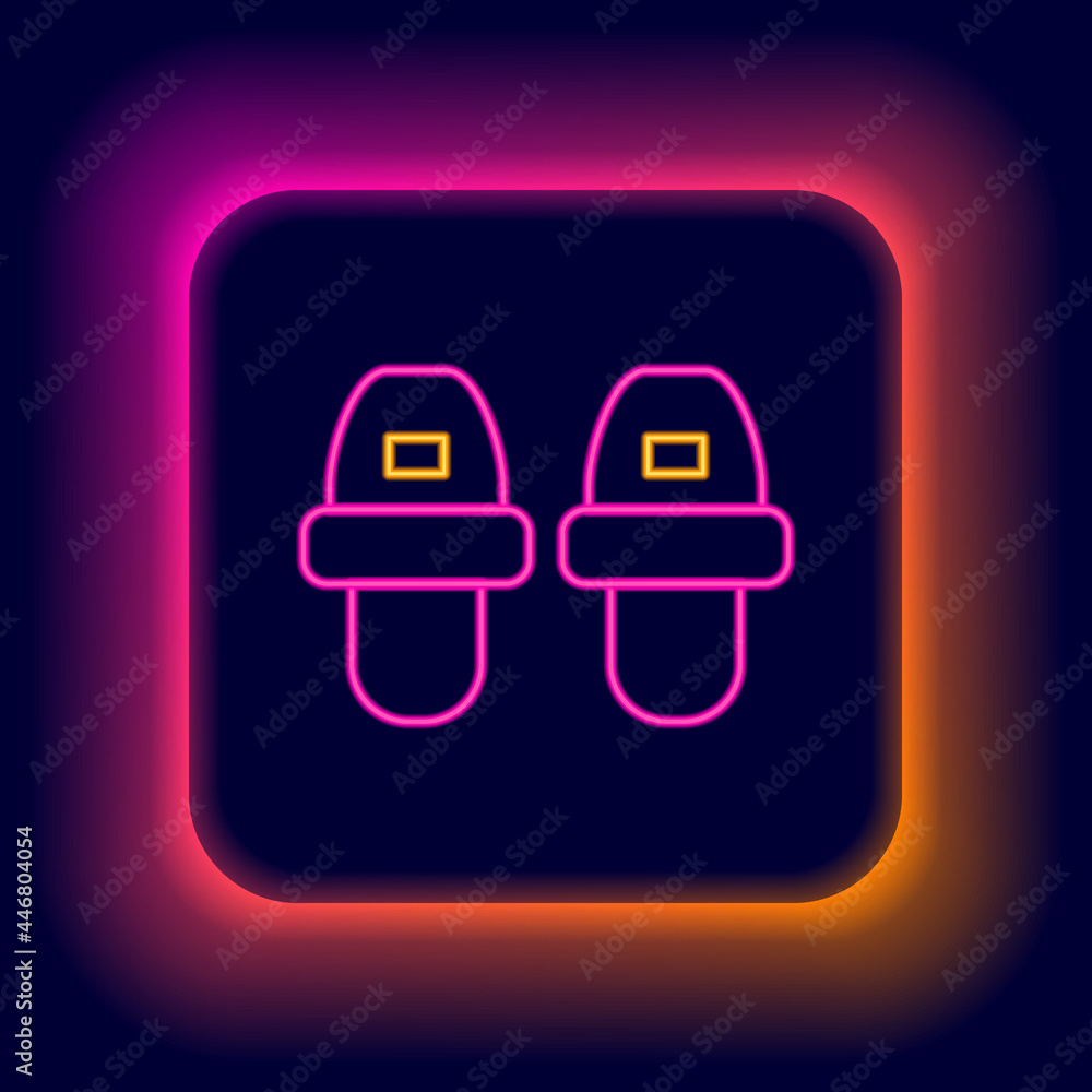 Glowing neon line Hotel slippers icon isolated on black background. Flip flops sign. Colorful outline concept. Vector Glowing neon line Hotel slippers icon isolated on black background. Flip flops sign. Colorful outline concept. Vector