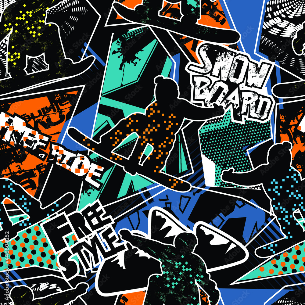 Bright seamless pattern with snowboarders. Sport winter background with snowboards. Pattern for sportswear, textiles, wrapping paper and more.
