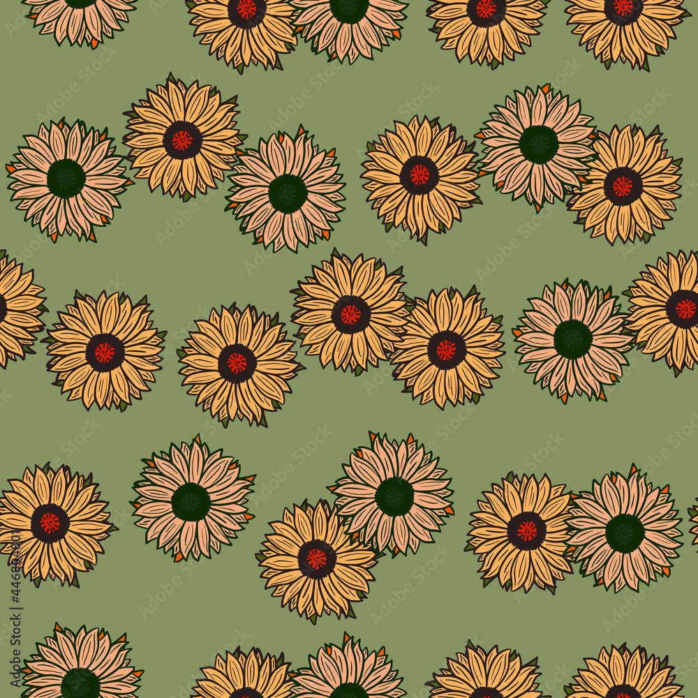 Seamless pattern sunflowers on green background. Beautiful texture with yellow and pink sunflower and leaves.