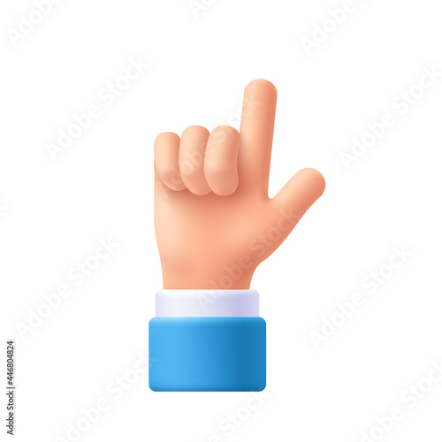 Cartoon character hand pointing gesture. Show one finger, index finger. Indicating, showing something above. 3d emoji vector illustration.