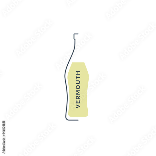 Bottle vermouth in linear style on white background. Black thin outline in the form of a contour shadow and red fill. Modern flat style graphic design. Logo element illustration. Circuit drink symbol